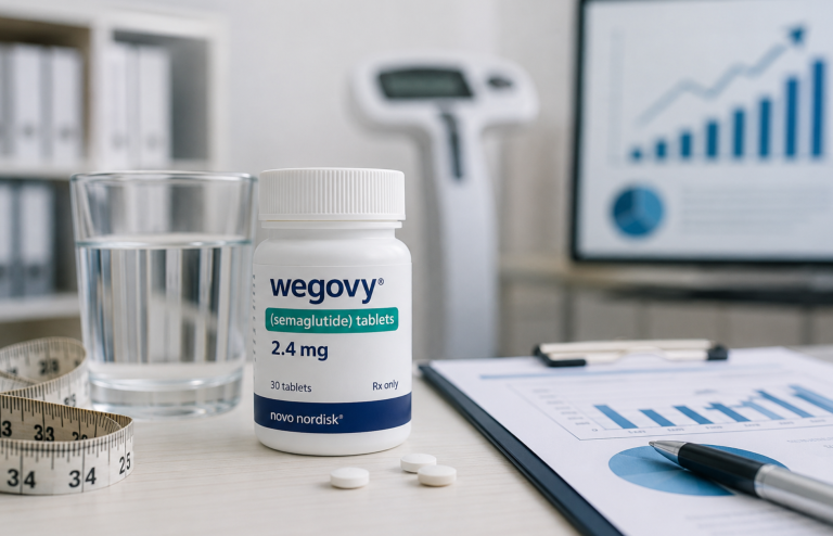 Bottle of Wegovy (semaglutide) tablets on a desk with a glass of water, measuring tape, and blurred healthcare office background.