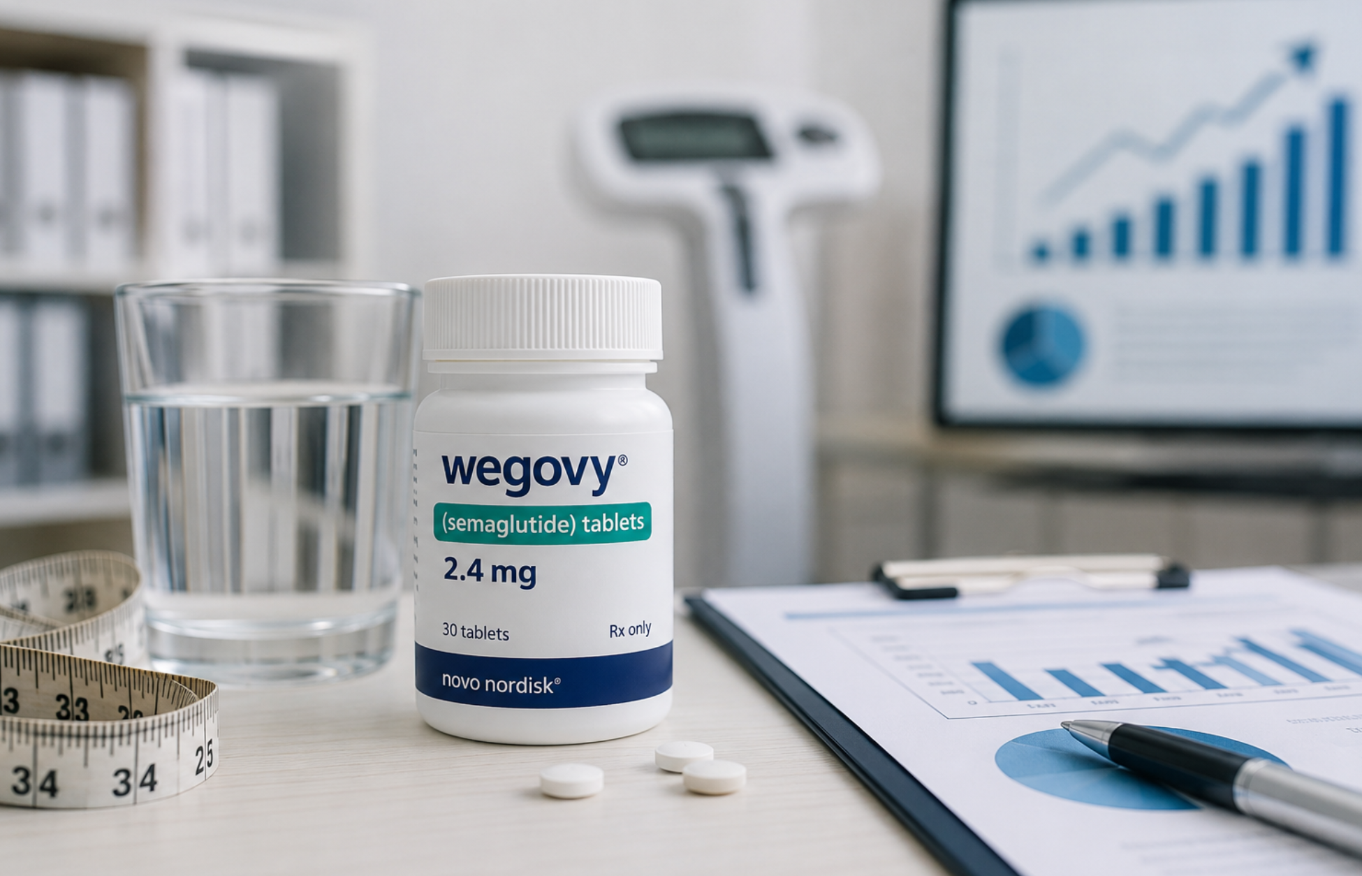 Bottle of Wegovy (semaglutide) tablets on a desk with a glass of water, measuring tape, and blurred healthcare office background.