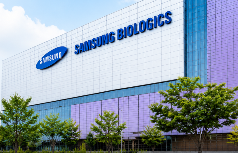 Wide exterior view of a modern Samsung Biologics manufacturing facility with landscaped grounds under a clear blue sky.