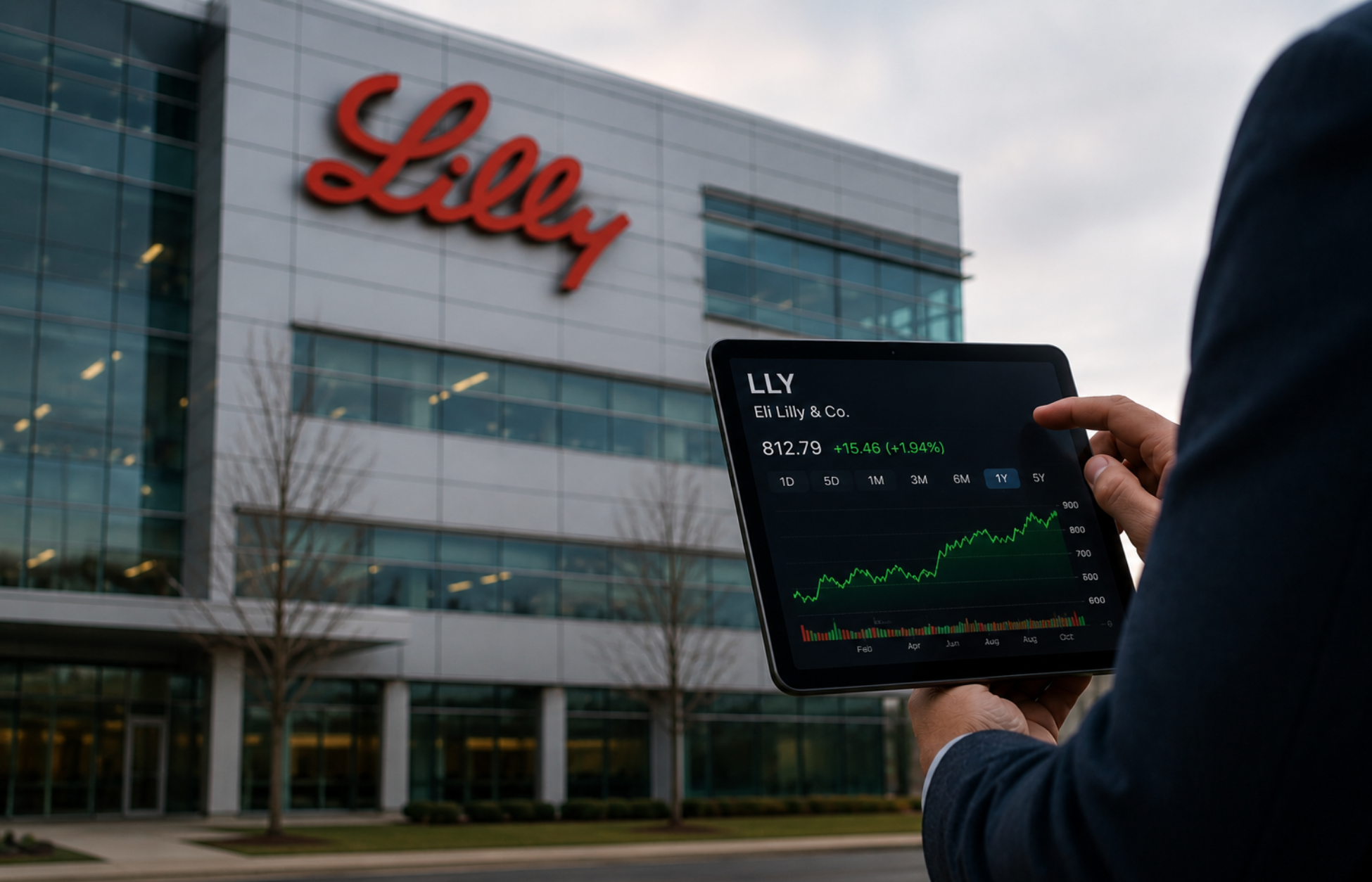 Business professional holding a tablet displaying Eli Lilly (LLY) stock performance in front of a modern Eli Lilly corporate office building.