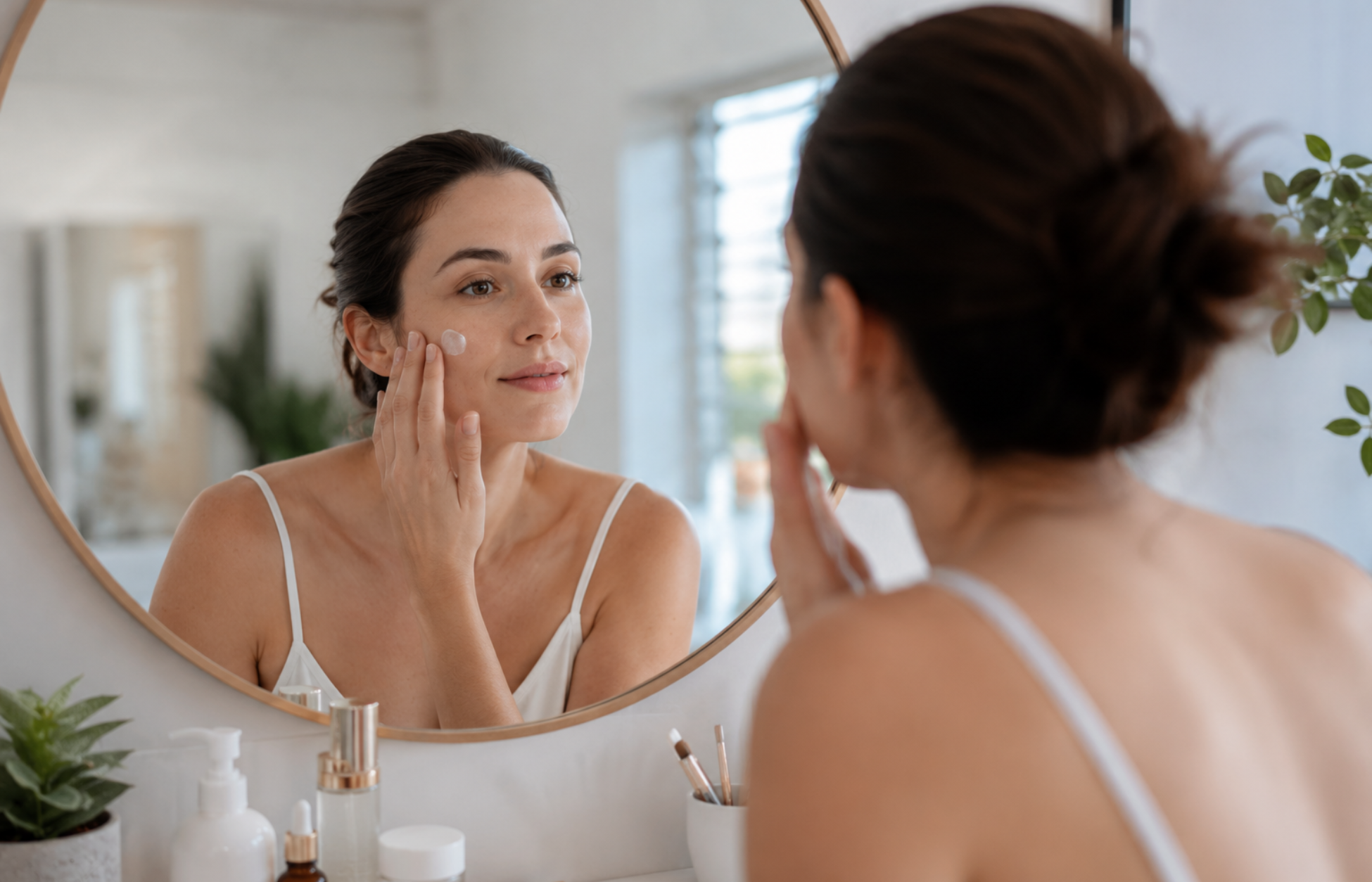 Woman applying facial moisturizer in front of a mirror as part of her skincare routine.