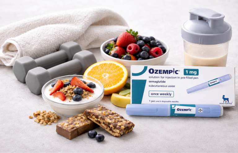 Realistic fitness flat lay with grey dumbbells, yogurt, berries, protein bars, a protein shake, and an Ozempic pen and box on a light background.