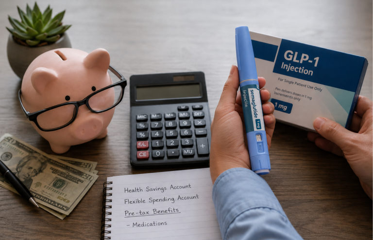 GLP-1 injection pen with medication box, calculator, piggy bank, and pre-tax health account notes.