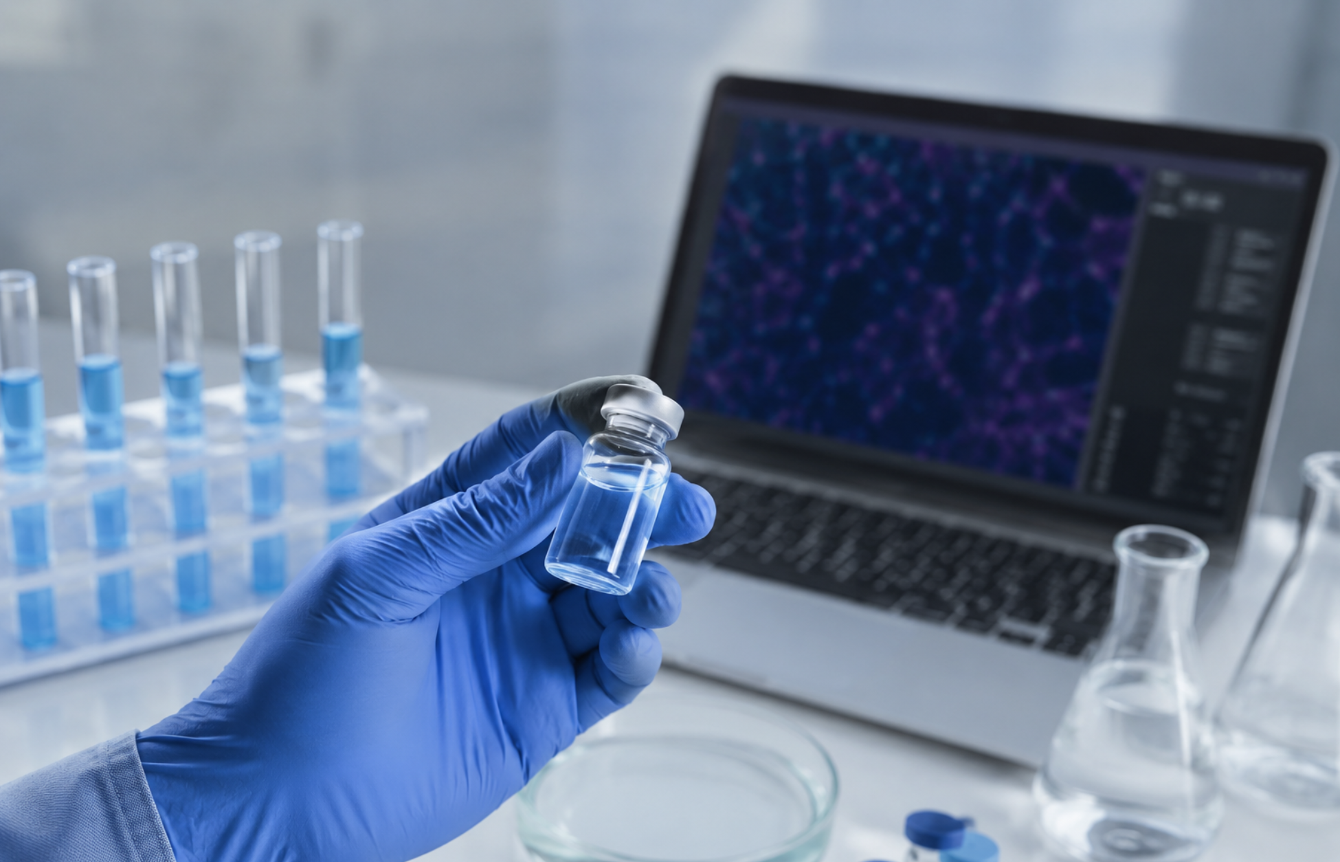 Gloved hand holding a pharmaceutical vial in a laboratory with test tubes and a laptop.