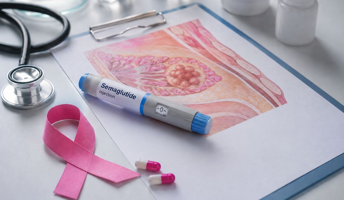 Semaglutide injection pen, breast tissue illustration, pink ribbon, and medical tools on a clinical desk.