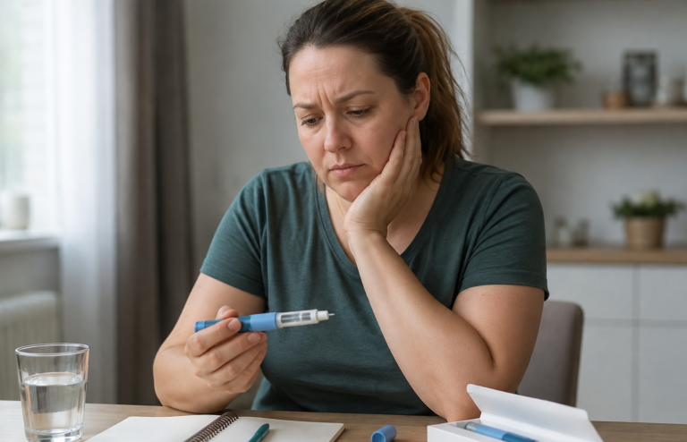 Woman looking concerned while holding a GLP-1 injection pen at a table.