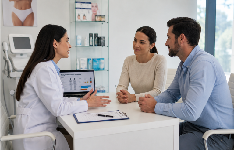 Doctor consulting a couple in a modern aesthetic medical clinic about weight-loss treatment options.