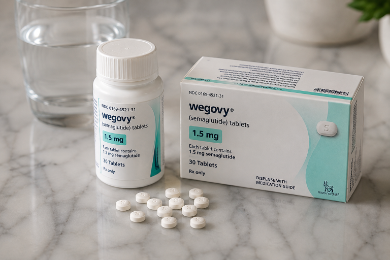 Wegovy 1.5 mg semaglutide tablets bottle and box with tablets on a marble surface