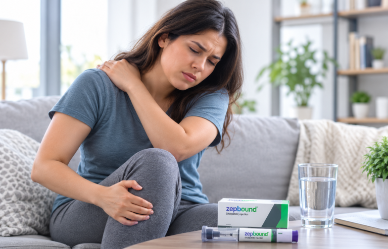 Woman sitting on a couch holding her shoulder and knee in discomfort, with a Zepbound injection pen and medication box on the table.