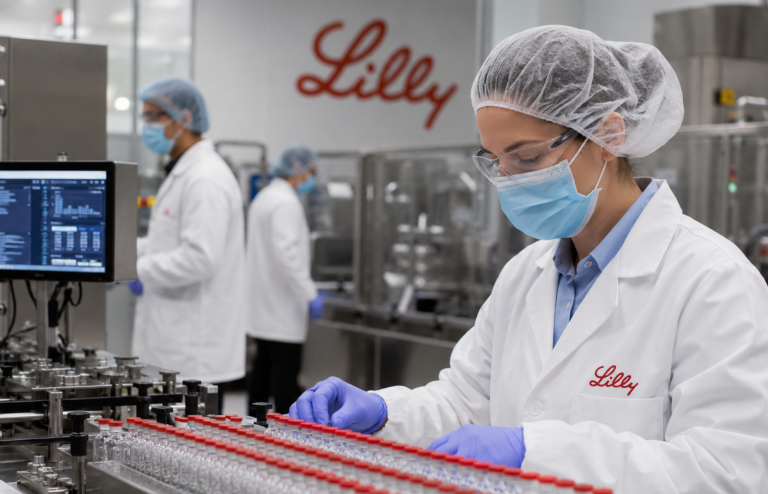 Lilly pharmaceutical manufacturing facility with workers and medicine vials.