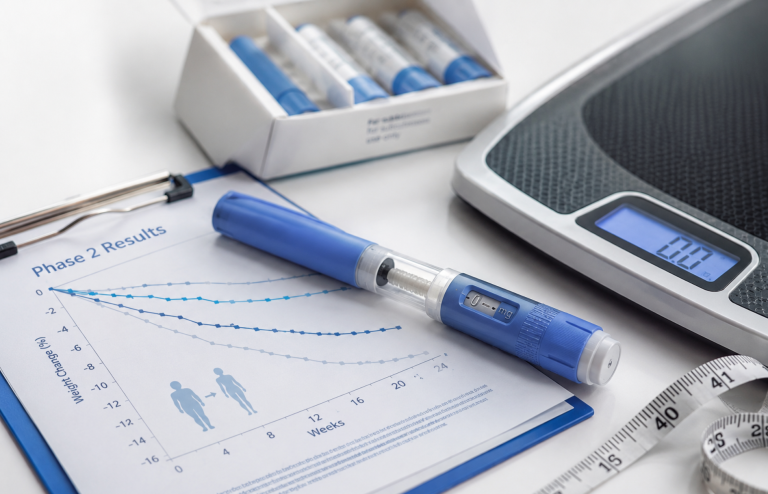 Blue weight-loss injection pen with a Phase 2 results chart and digital scale.