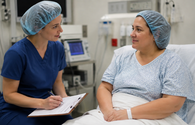 Nurse discussing pre-surgery care with a patient in a hospital room.
