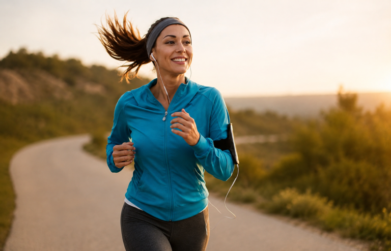 Woman jogging outdoors on a winding trail during golden hour with earbuds and a phone armband.