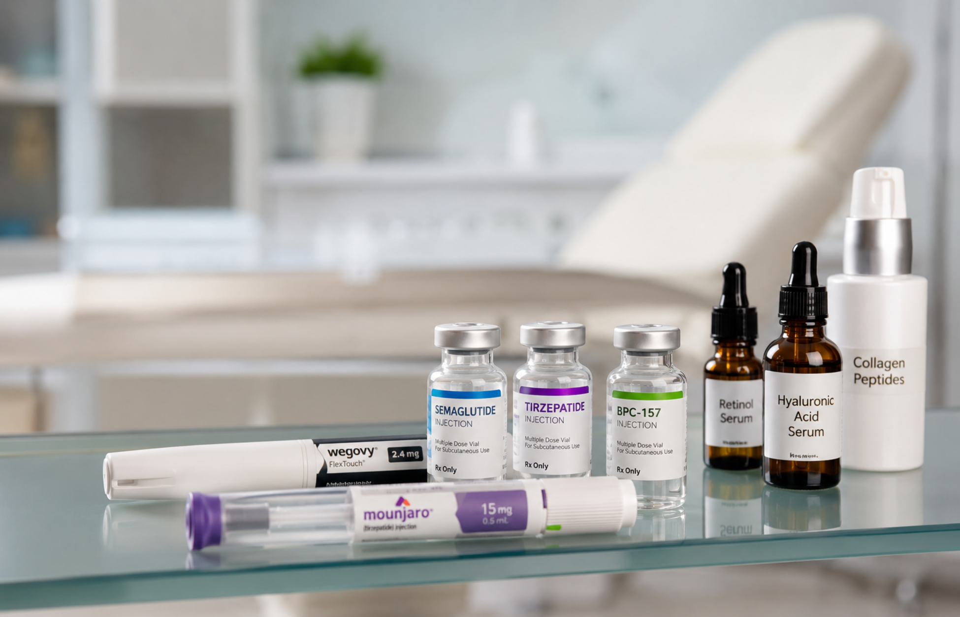GLP-1 weight-loss injection pens and skincare products displayed on a glass counter in a modern aesthetic clinic.