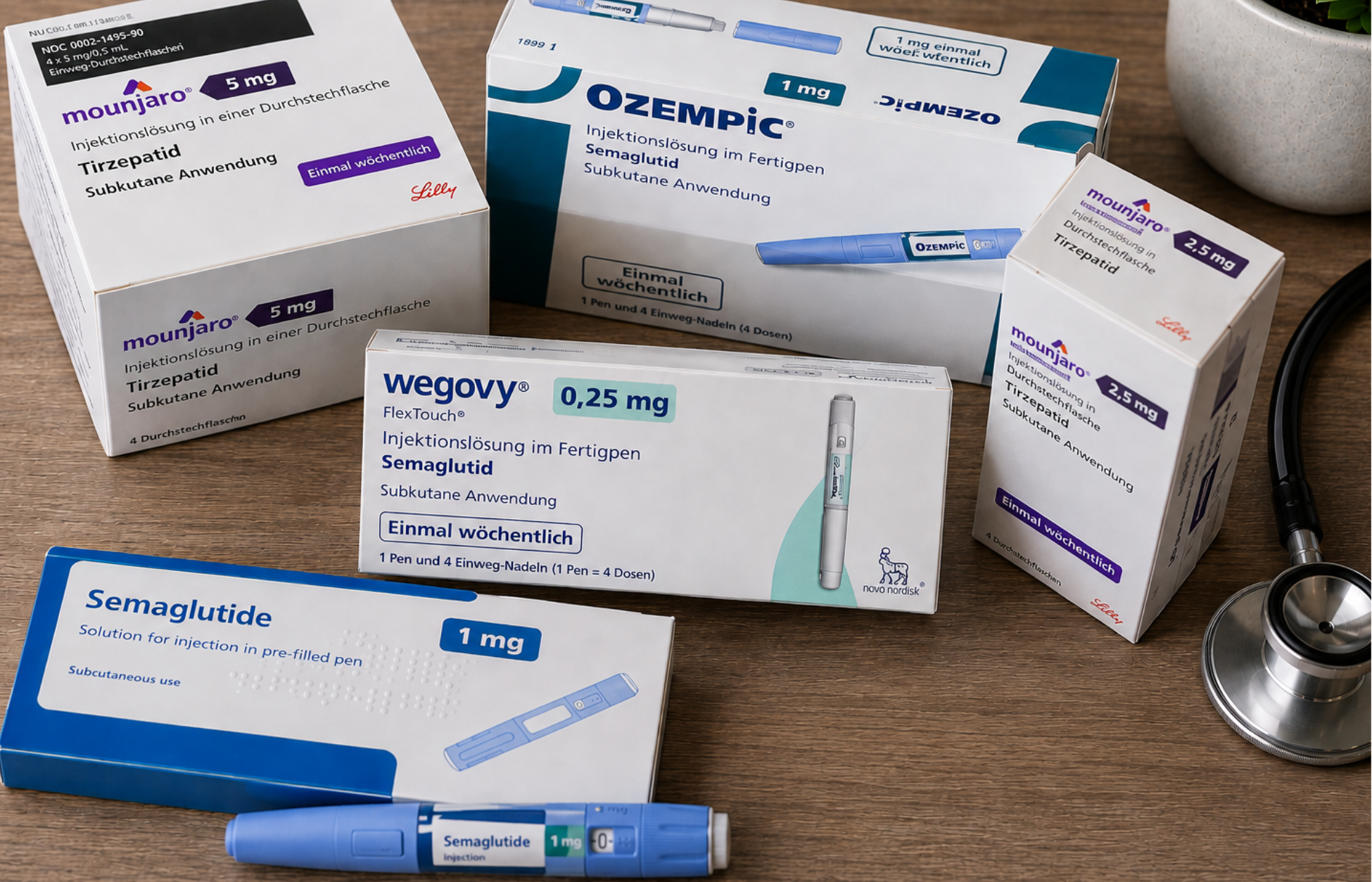 GLP-1 medication boxes and injection pen on a wooden table.