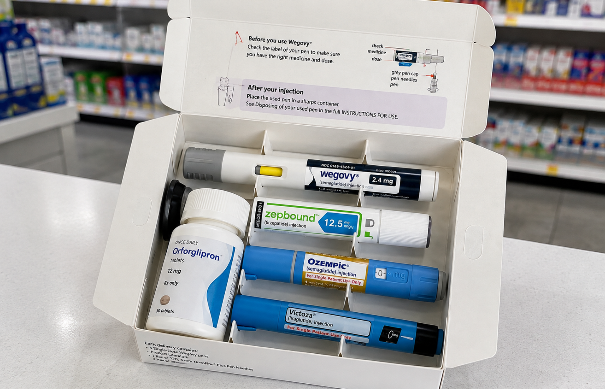 GLP-1 medication pens and tablets arranged in an open box on a pharmacy counter.