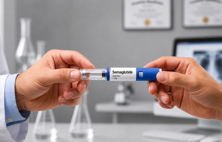 Doctor and patient hands holding a blue semaglutide injection pen in a gray medical office.