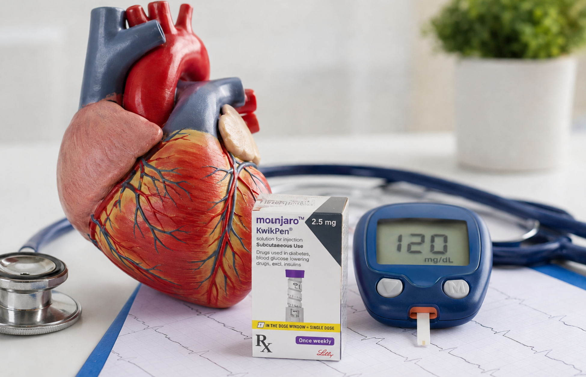 Alt Text: Tirzepatide and heart health with a heart model, glucose meter, and Mounjaro KwikPen.