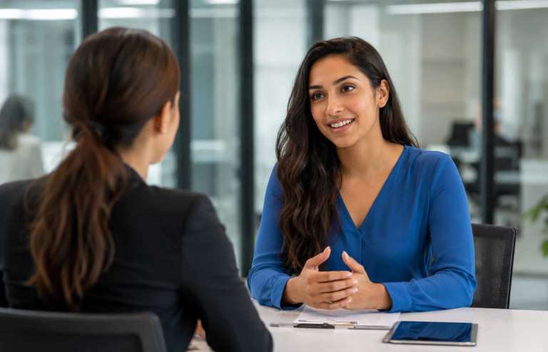 Woman smiling during a professional job interview in a modern office.
