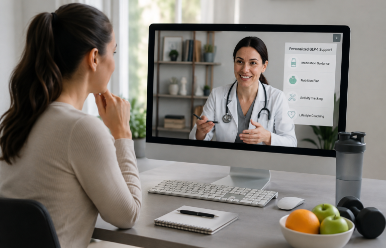 Virtual GLP-1 care consultation with a doctor and patient.