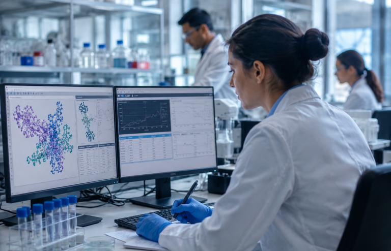 Scientist analyzing GLP-1 research data in a modern laboratory.