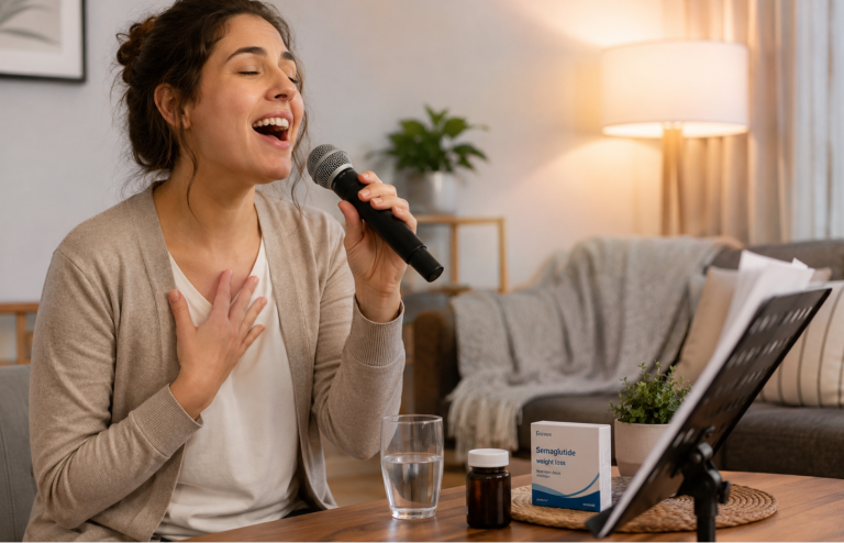 Woman singing into a microphone while using a weight-loss medication.