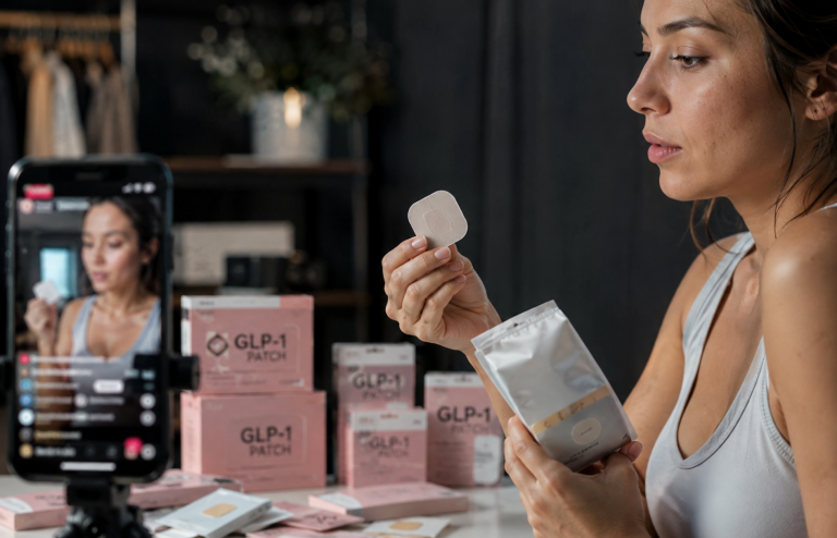 Woman promoting GLP-1 patches during a TikTok-style livestream.
